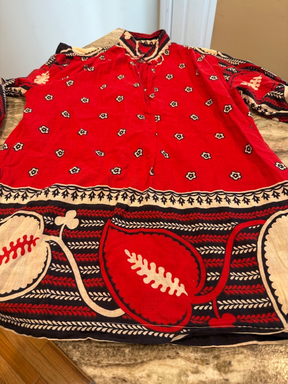 Red Bohemian Tunic with Navy & Cream Floral Border